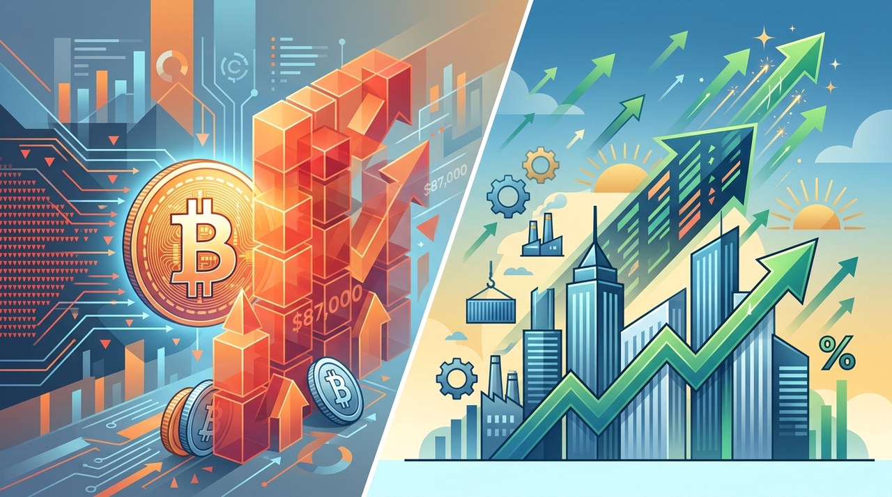 Bitcoin ชะลอตัวใกล้ $87,000 ขณะหุ้นสหรัฐฯ พุ่งแตะจุดสูงสุดใหม่
